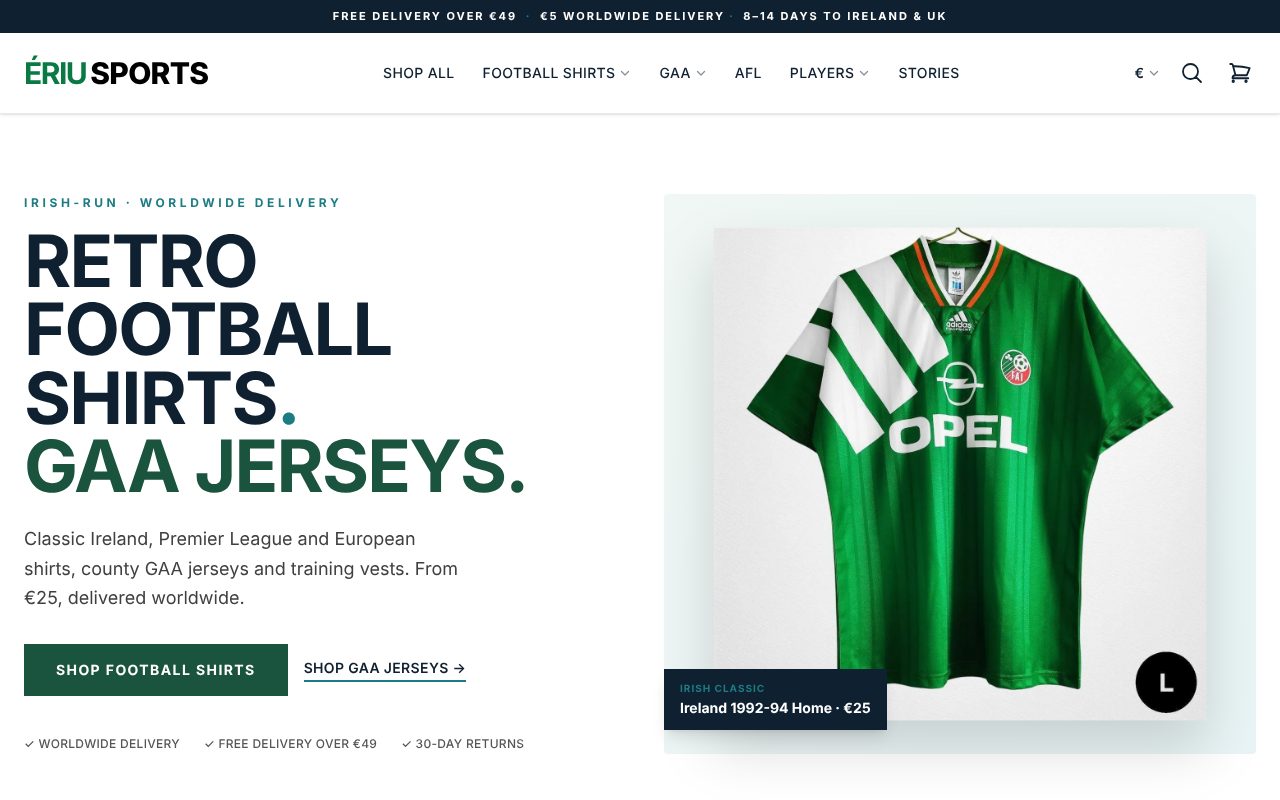 Ériu Sports online shop for retro football shirts and GAA jerseys