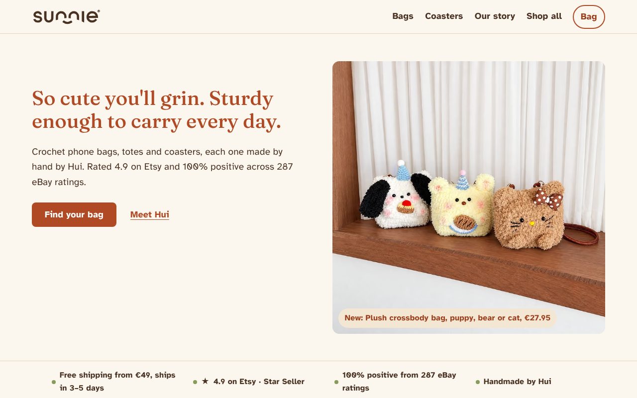 Sunnie Designs shop for handmade crochet bags and coasters
