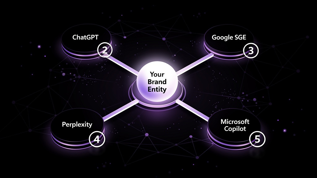 AI search ecosystem showing brand citations across ChatGPT, Google, Perplexity and Deepseek